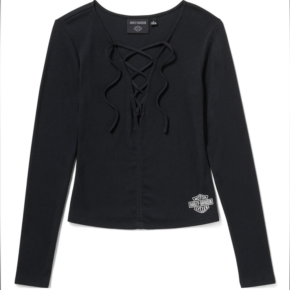 Harley-Davidson Women's Lace Up Deep V-Neck Long Sleeve Shirt, Black - Size M